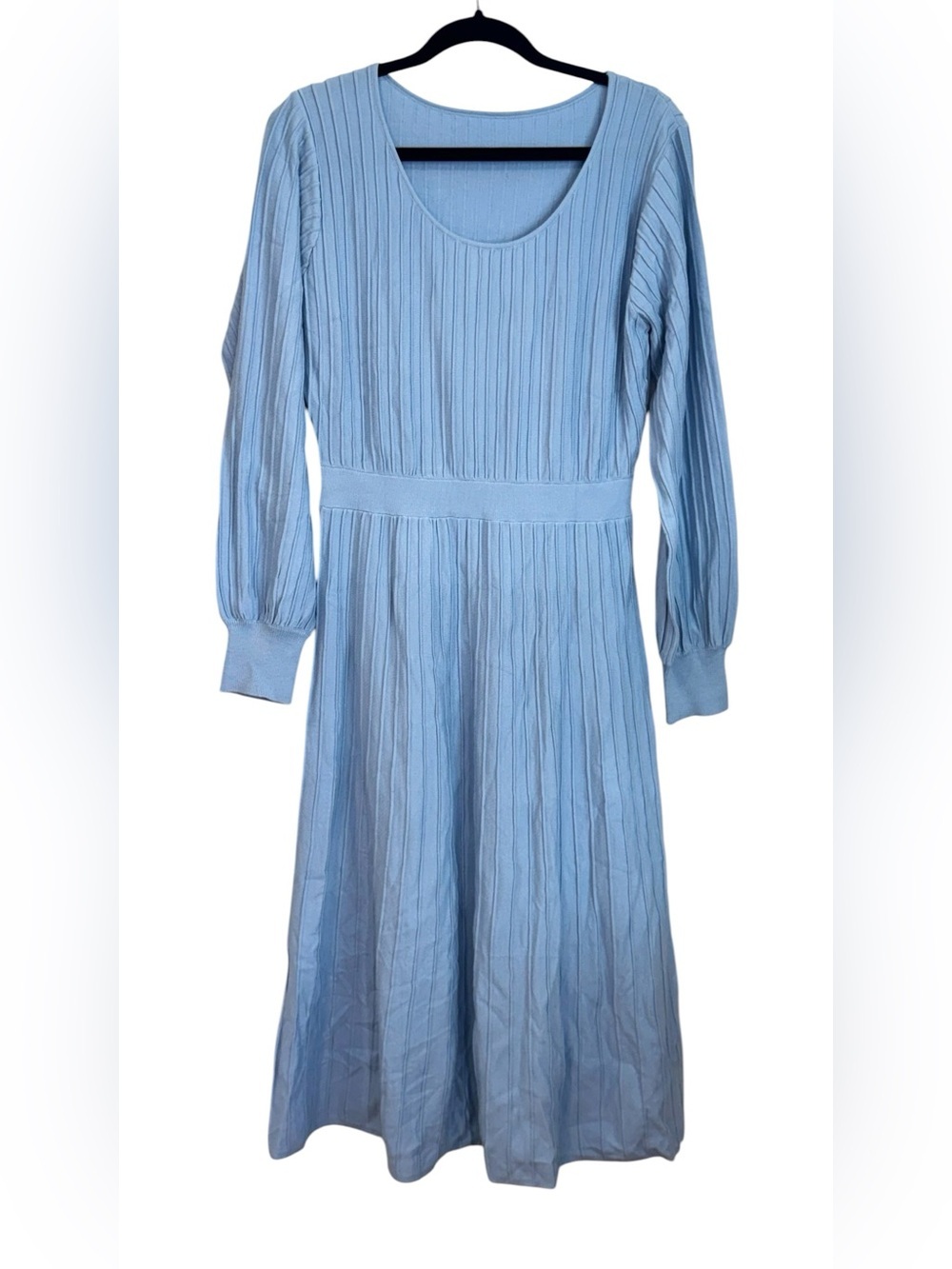 Elegant Light Blue Ribbed Long Sleeve Bandage Knit Dress Size Large